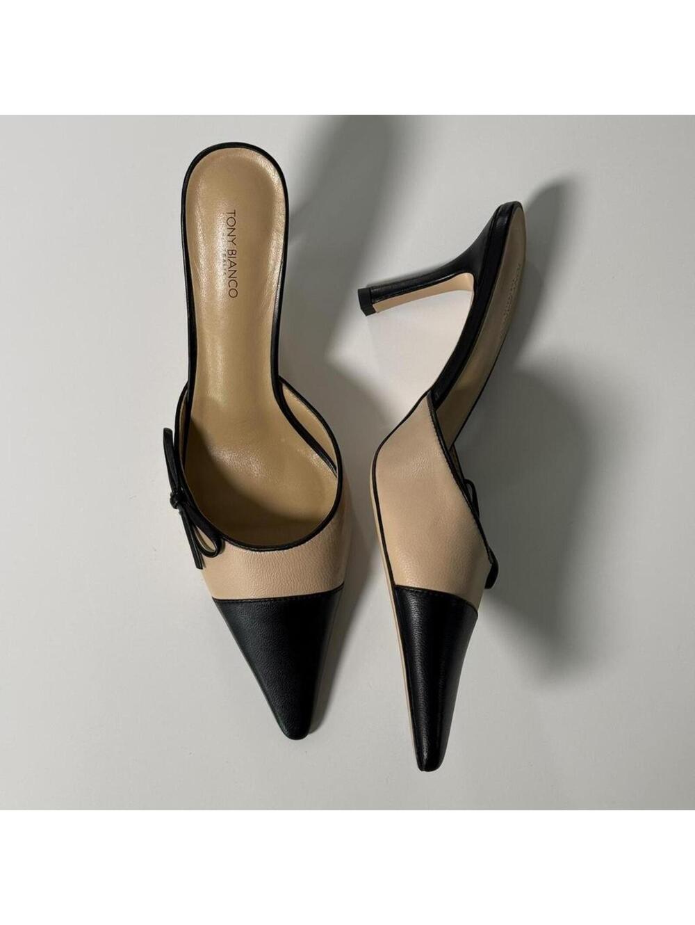 Tony Bianco black and tan leather mules with bow detail